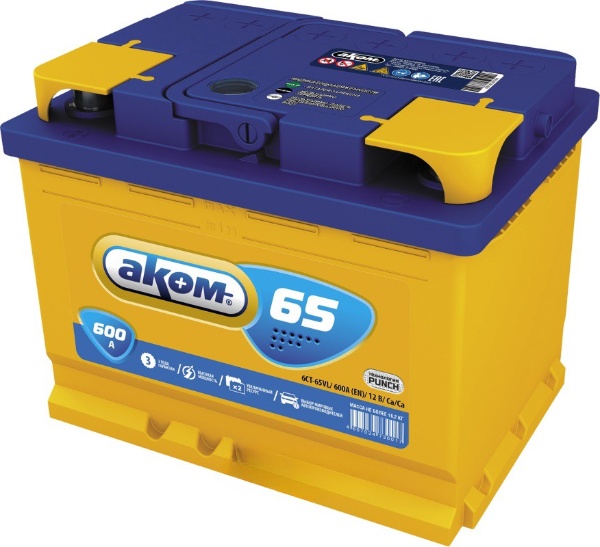 Батарея аккумуляторная АКОМ 4607034730710 65А/ч 600А 12В прямая полярн. стандартные (Европа) клеммы